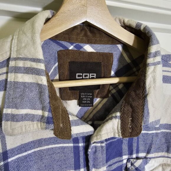 CQR Plaid Flannel Long Sleeve Corduroy Flip Cuff Shirt Blue White Men's Sz XL - Picture 2 of 9